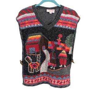 Vintage Rene Derby applique embroidered landscape knit vest Medium @O